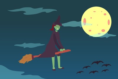女巫骑着扫帚在夜空中飞翔