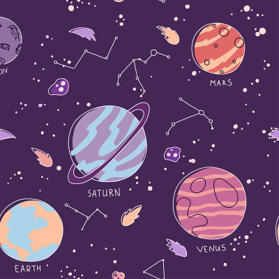 星座行星无缝模式，地球，火星，土星，金星，卡通太阳系。夜空。