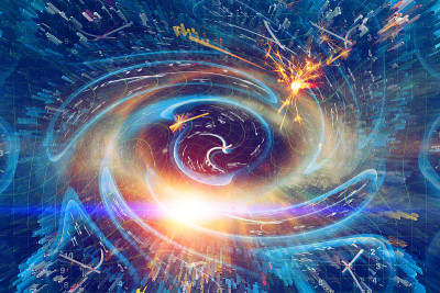 时空科学数字艺术概念，扭曲时钟时间扭曲扭曲的空间弯曲弯曲的洞代表爱因斯坦理论的空间和时间