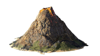 火山喷发，熔岩从火山上落下，孤立在白色的背景上
