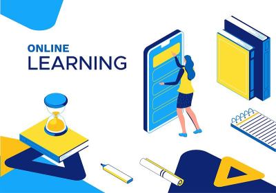 在线学习3d等距概念、登陆页面模板、女孩与手机、数字教育技术、远程学习班、网络课程、网络研讨会、蓝、