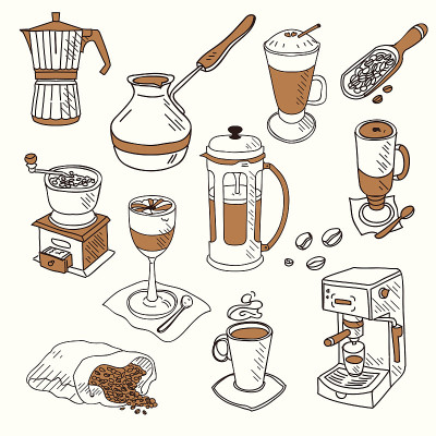 手绘素描涂鸦复古简单的咖啡主题装置咖啡制作