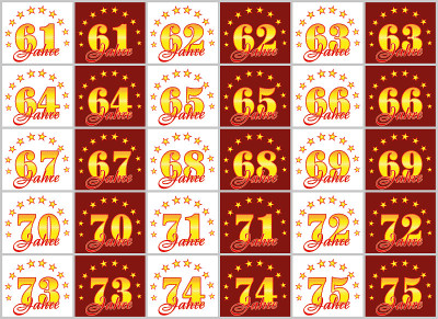 一组从61到75的黄金数字和用一圈星星装饰的年度单词。矢量插图。翻译自德语-年