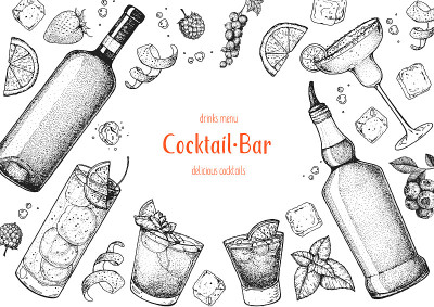 酒精鸡尾酒手绘矢量插图。鸡尾酒素描集。雕刻风格。葡萄酒和威士忌酒瓶。