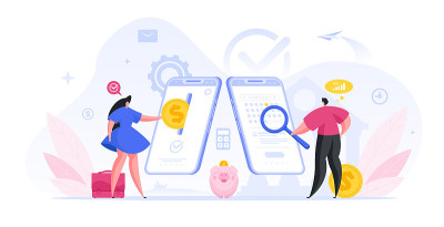 人们赚钱投资和检查存款期限卡通插图