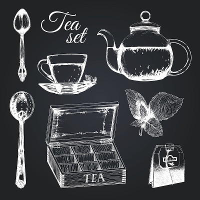 手绘矢量茶具。插图收集厨房玻璃和银器素描风格，杯，壶等。