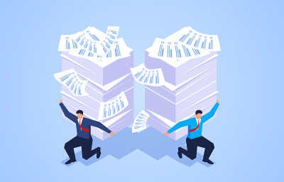 Work stress, businessman holding a pile of documen