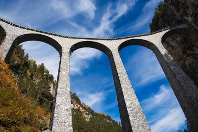 铁路桥在大自然中靠近Landwasser高架桥，Graubunden，瑞士。