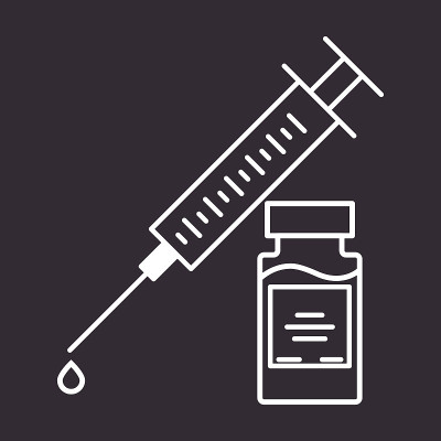 疫苗接种平面图标设置。注射器和瓶子。