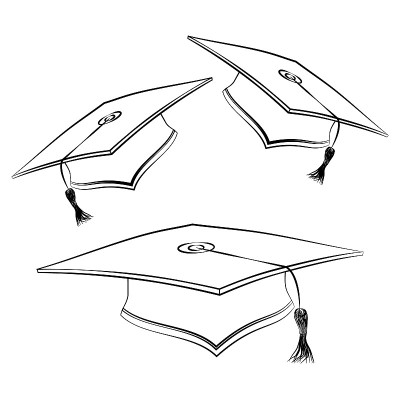 黑线学生帽。毕业帽示意图。学术庆典仪式的象征。教育广场制服。矢量隔离帽在不同的转弯，倾斜