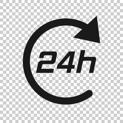 24小时时钟标志图标在透明的风格。24小时开放矢量插图在孤立的背景。时间表的业务概念。