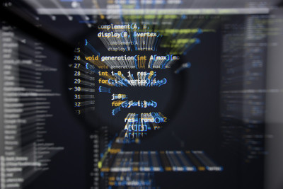 真正的c / c++代码开发屏幕。编程工作流抽象算法概念。行c / c++代码在放大镜头下可见的运动