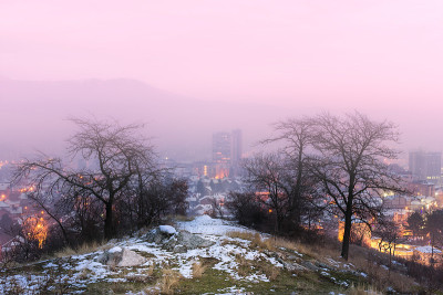 紫色的天空和前景树与地面上的雪框架皮洛特的城市景观