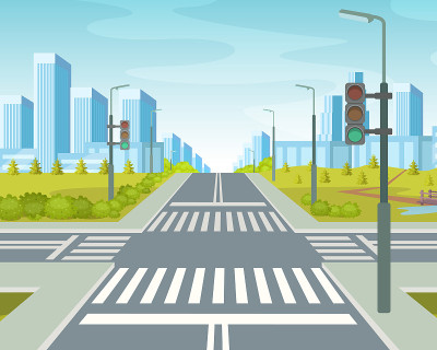 城市道路以十字路口为背景高楼林立的城市摩天大楼