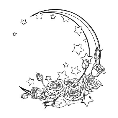 色彩柔和的哥特新月，星星和玫瑰贺卡