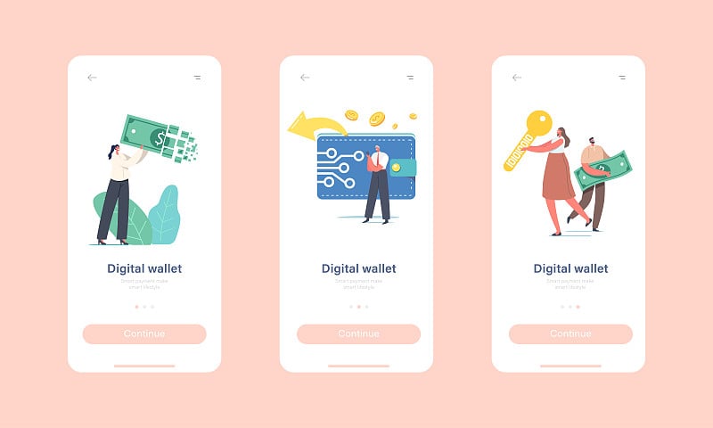 数字钱包移动应用页面板载屏幕模板。小男女角色通过无现金支付转账