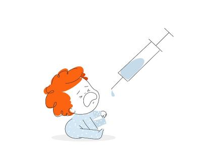 哭泣的小男孩和注射器。