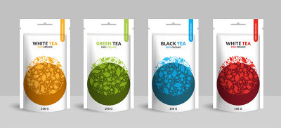 茶包装设计与拉链袋袋模型。向量点缀模板。优雅,经典的元素。非常适合食品，饮料和其他包装类型。可作背景