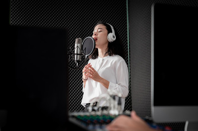 亚洲女歌手，对音乐和麦克风很有激情。在专业录音室弹吉他的时候。音乐概念，录音概念。