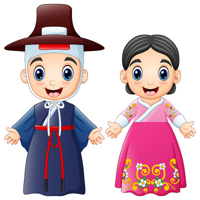 穿着传统服装的卡通韩国夫妇