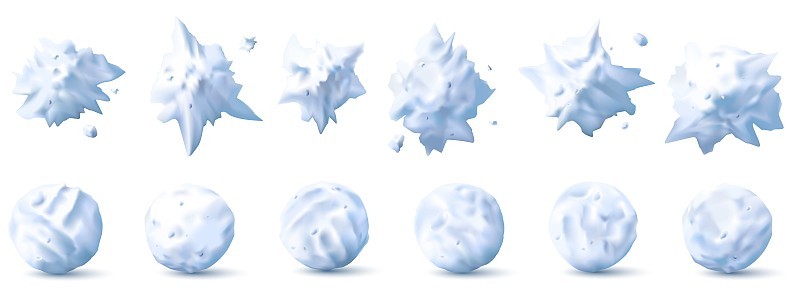 雪球3 d。雪飞溅，飞溅和圆形的白色雪球收集为孩子冬季战斗现实向量集