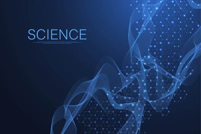 分子结构的背景。带有DNA分子的科学模板墙纸或横幅。了解科学分子背景。波流，创新格局。矢量插图。