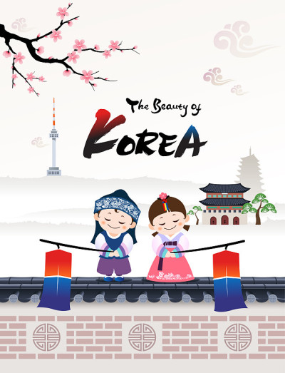 美丽的韩国(穿着韩国传统韩服的一对儿童形象欢迎访问韩国。)