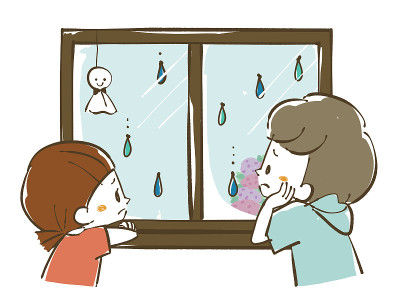 孩子们在雨天望着窗外