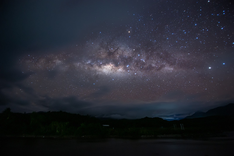 夜空中宇宙、银河、星空的自然景观。(长曝光照片，有颗粒。图像包含一定的颗粒或噪声和软焦点。