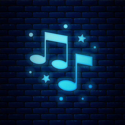 发光的霓虹灯音乐音符，色调图标孤立在砖墙背景。向量