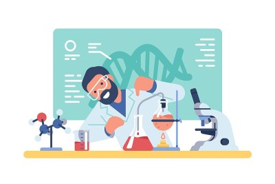 科学家的工作。化学家的经验。疫苗的发展。研究人员在试管中混合试剂。化学或制药实验室配备燃烧器和显微镜