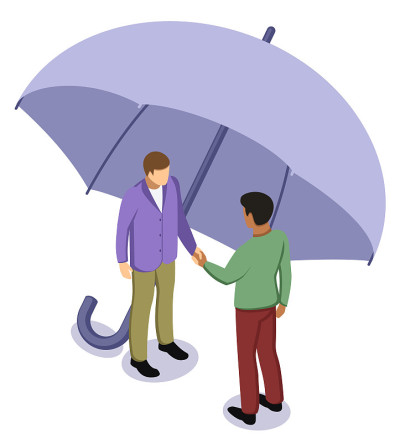 黑色的非洲发型和白种人在伞下握手。宽容和没有种族主义的观念，友谊和保护和平