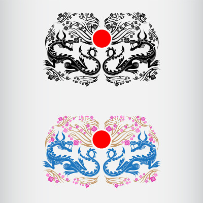 两标签的日本花见节樱花与龙