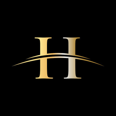H标志设计豪华模板。公司名称的首字母为H，图案为金色。现代H标志设计为企业和公司形象