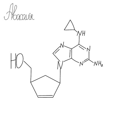 Abacavir化学公式。抗逆转录病毒药物。一种用于治疗HIV的抗病毒药剂的配方来自核苷类逆转录酶抑