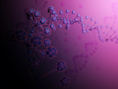 生物空间中抽象DNA螺旋的三维插图。