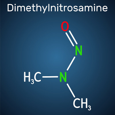 n -亚硝基二甲胺，NDMA，二甲基亚硝胺，DMN分子。它是人类的致癌物、毒物。深蓝色背景上的结构化