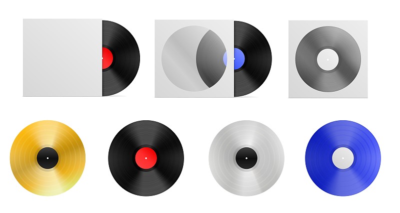 一套逼真的乙烯基模型。Dj封面光盘在纸空白。密纹唱片封面。白色白金，银色和蓝色乙烯基板。孤立的矢量图
