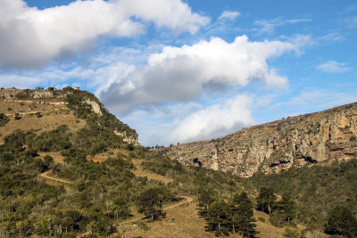 干燥的草原峡谷和山谷对多云的天空