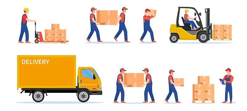 Warehouse workers with parcels boxes