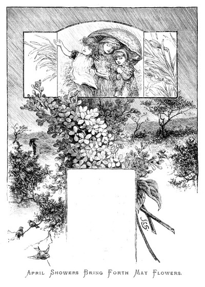 维多利亚时代的插图，标题为“四月的雨带来五月的花;三个年轻女孩在伞打开的盒子下面发短信