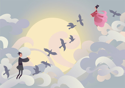 矢量插图卡为中国七夕节。一对可爱的卡通人物牛郎和织女站在喜鹊桥上。字幕翻译:七夕，可以读作七夕