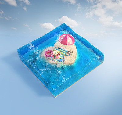 旅游和假期背景。3d插图与切割的大海和美丽的岛屿。婴儿岛孤立在白色。