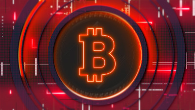 比特币(BTC)加密货币符号加密挖掘网络空间。区块链未来投资抽象发光模糊霓虹灯3D背景概念。