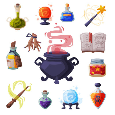 神秘仪式，巫术设备，坩埚，书，魔法药剂瓶子，魔杖，卡通风格矢量插图的神秘魔法物体的收集