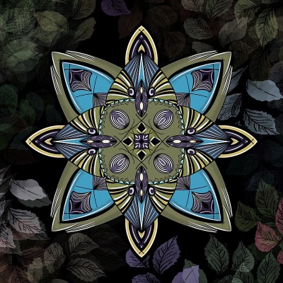绿色，蓝色和紫色的花曼荼罗插图与黑色的背景