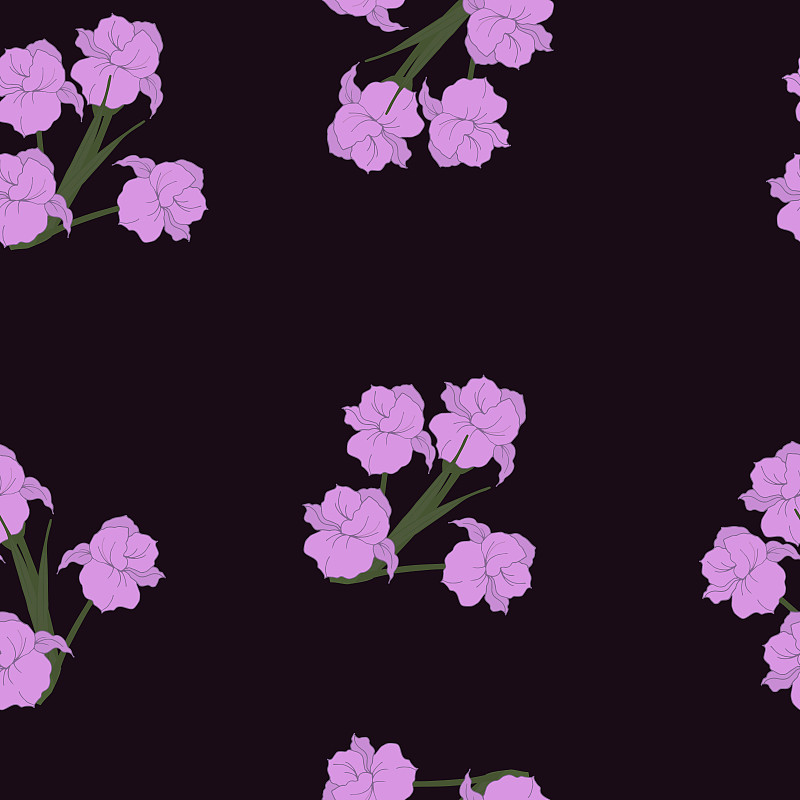 Seamless vector pattern with pink iris flowers on 