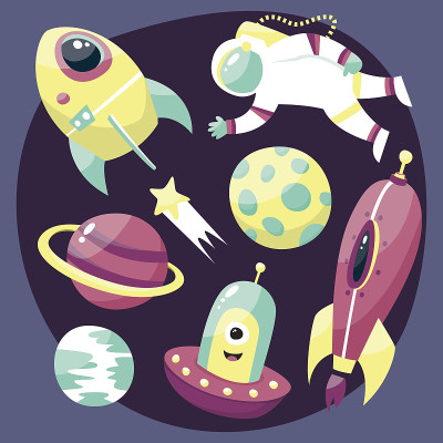 设定宇航员、星星、彗星、行星和宇宙飞船