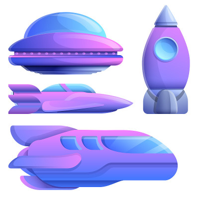 一套卡通宇宙飞船，矢量插图