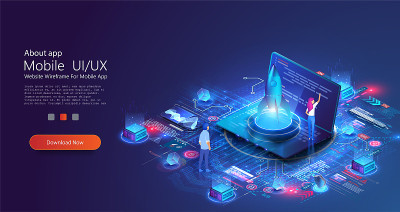 火箭发射启动创意和计算机数字图表。创新，成功，创意解决方案的理念。着陆页模板。人们在笔记本电脑上演示